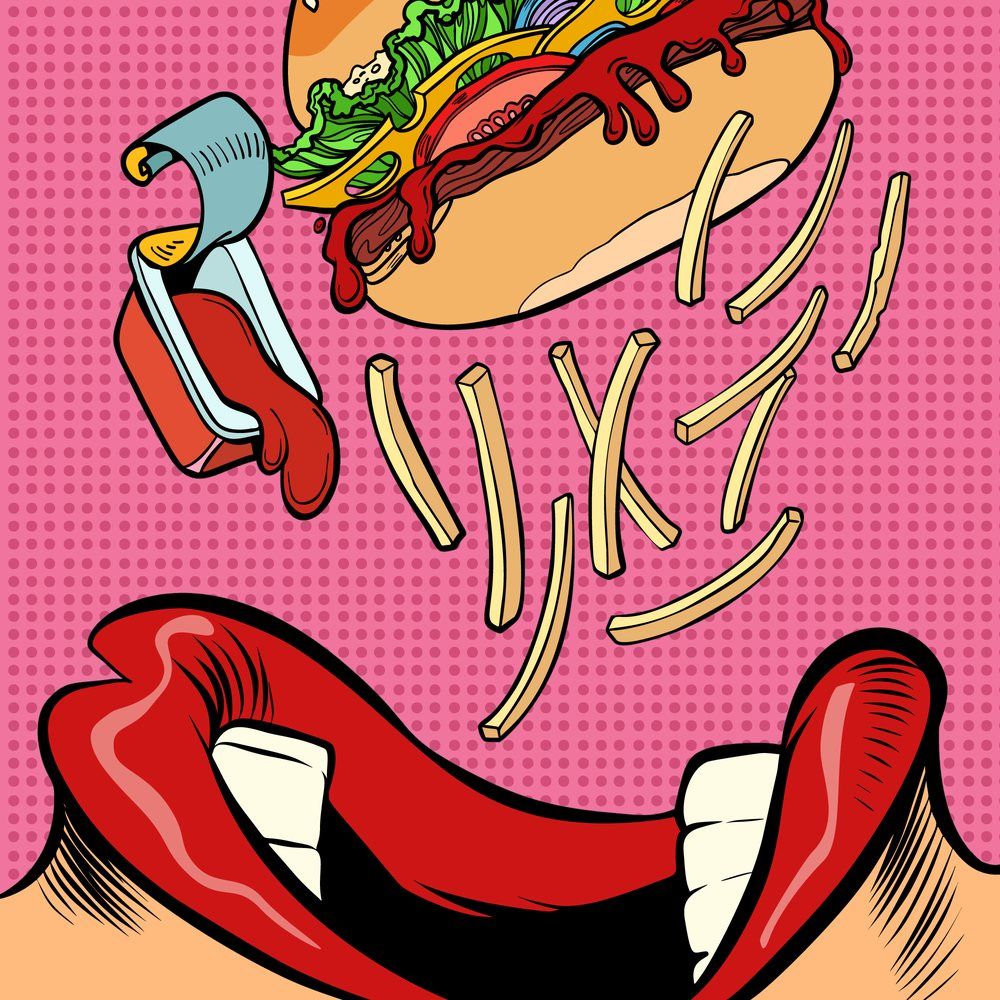 Pop-art illustration of an open mouth with a burger and fries tumbling toward it