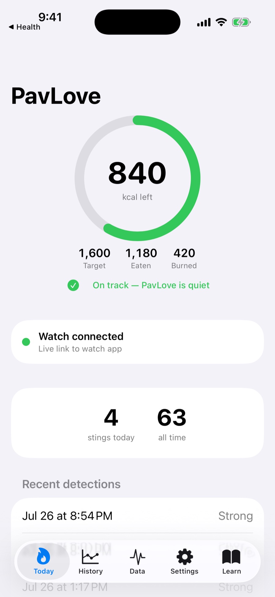 PavLove Today screen: a ring showing 840 kcal left, with target, eaten and burned beneath it